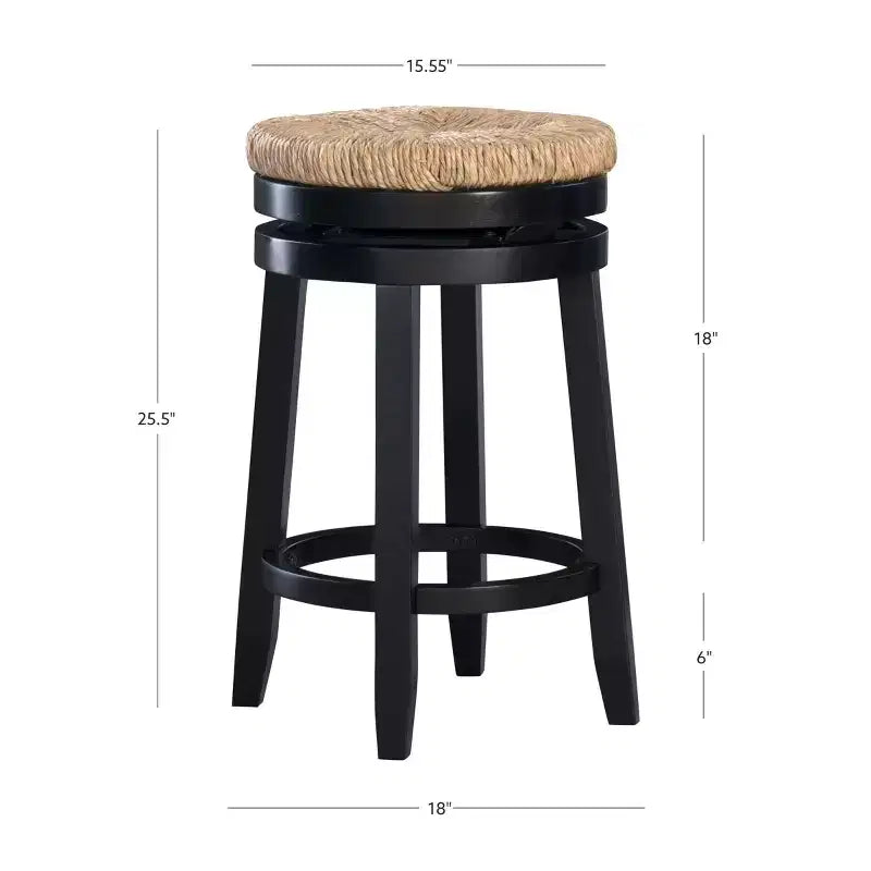 Sgabello da bar girevole senza schienale, altezza bancone 64,7 cm, seduta in vera paglia intrecciata, struttura in legno di caucciù