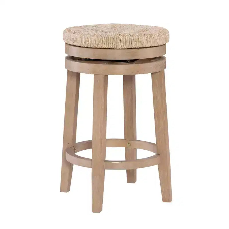 Sgabello da bar girevole senza schienale, altezza bancone 64,7 cm, seduta in vera paglia intrecciata, struttura in legno di caucciù