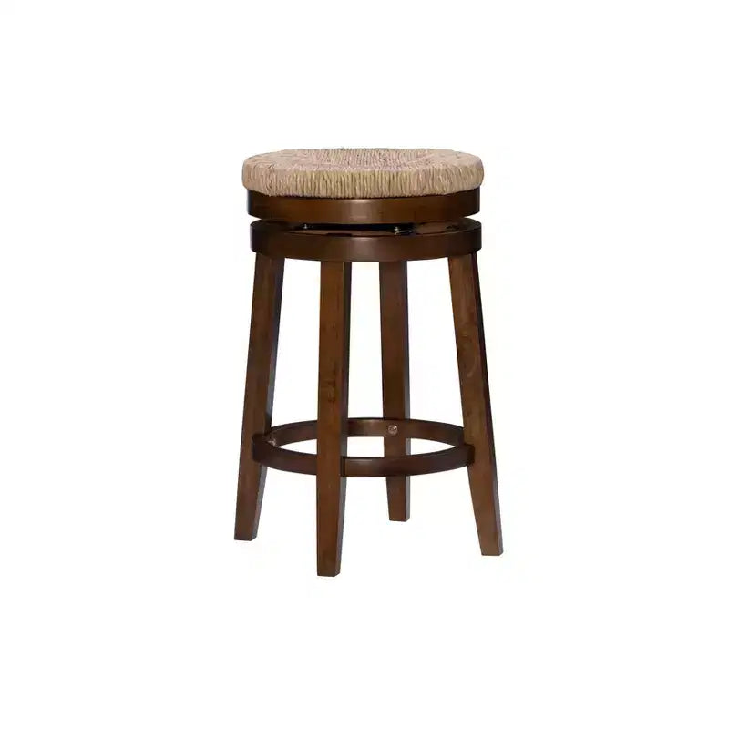 Sgabello da bar girevole senza schienale, altezza bancone 64,7 cm, seduta in vera paglia intrecciata, struttura in legno di caucciù